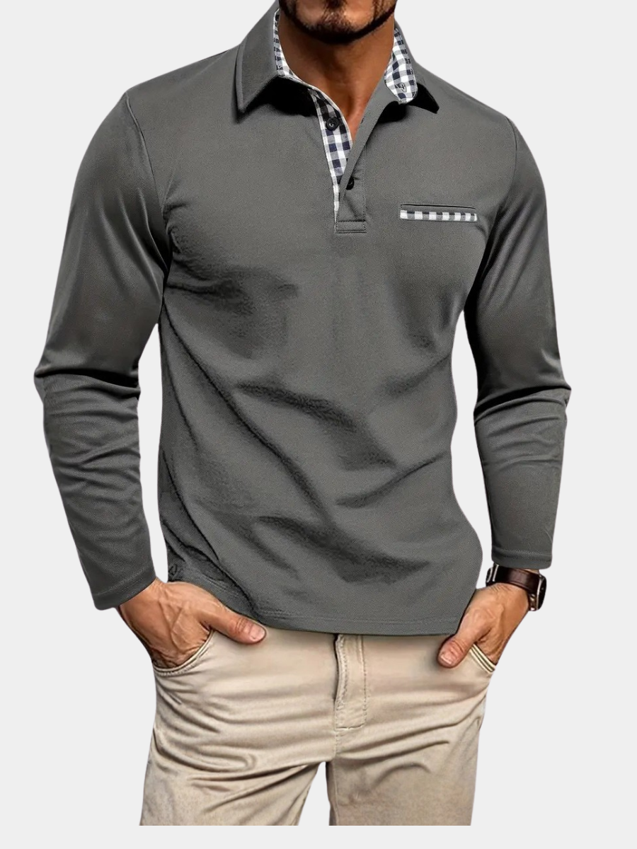 Polo Manga Longa Detalhes Xadrez